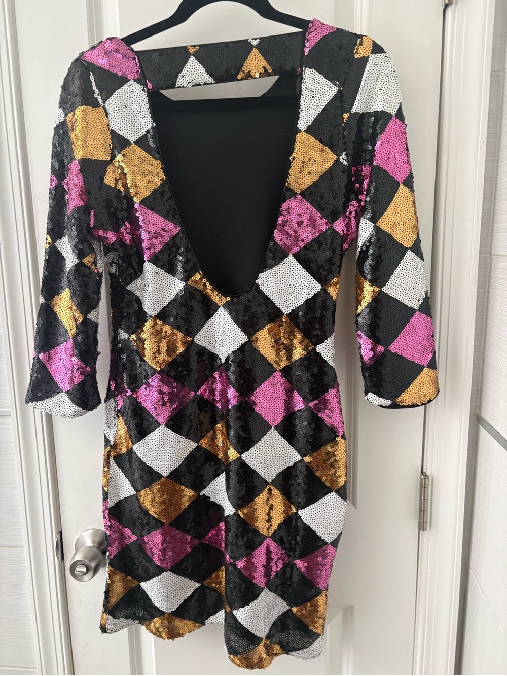 Rare London Sequin Harlequin Mini Dress Open Back Long Sleeve Size 8